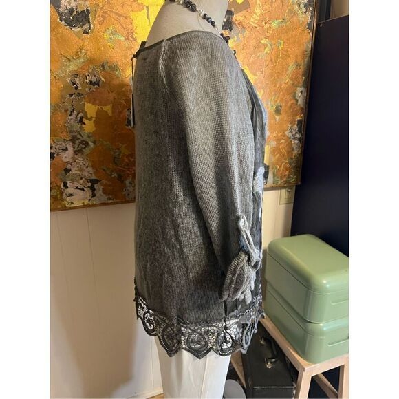 NWT Belle France Boho Gray Beaded Sweater Tunic Made in Italy w/ crocheted Hem M - Picture 5 of 15